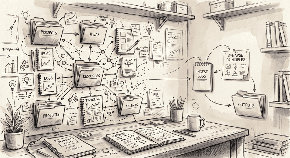 an AI generated image in the style of a sketch with a structured diagram of document folders on the wall above a desk. 